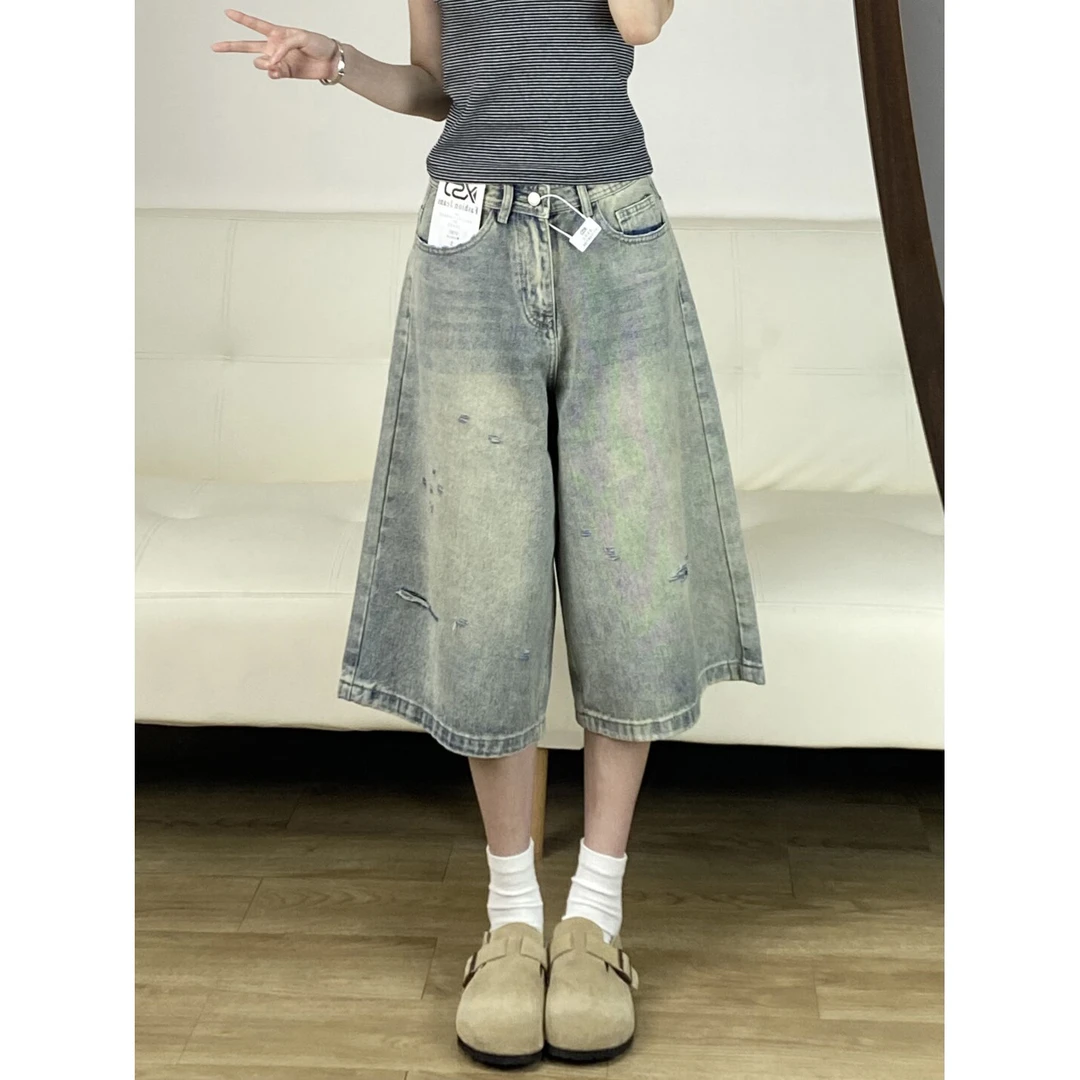 微胖mm水洗破洞七分牛仔裤女夏季新款美式复古宽松显瘦百搭直筒裤