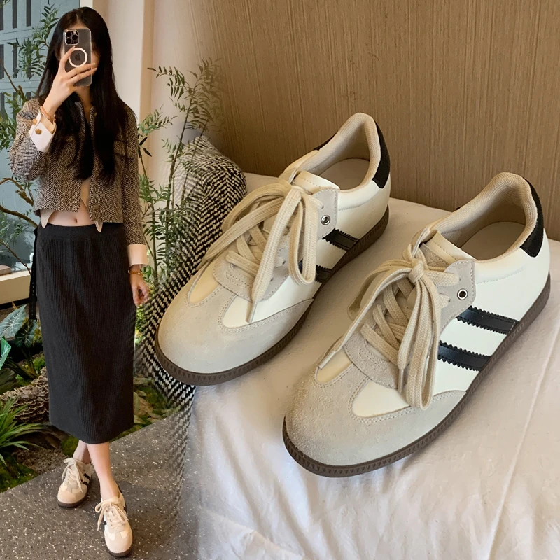 杏/银色双色德训鞋内增高休闲鞋板鞋宽胖平底小白鞋加宽大码女鞋