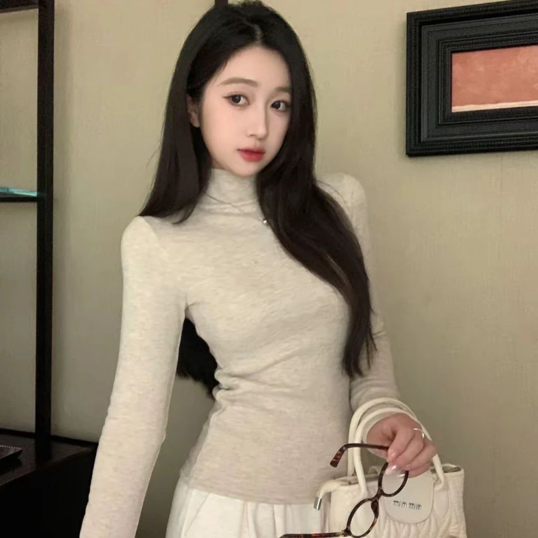 秋冬加绒半高领打底衫秋冬女新款长袖T恤修身百搭洋气通勤上衣女