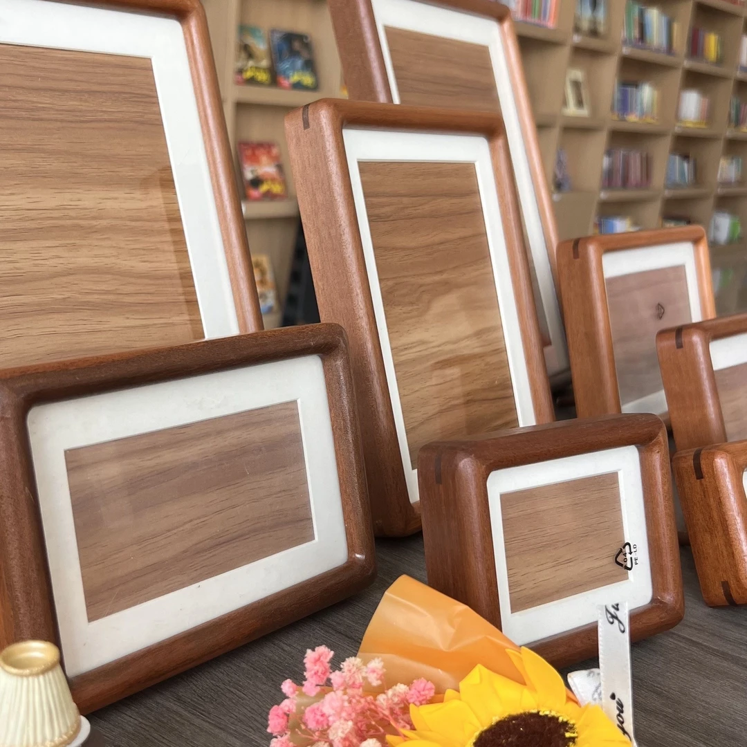 高档轻奢榫卯实木黑胡桃柚木色圆角相框画框挂墙礼品框原木色摆台