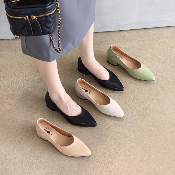 278-7 头层牛皮一脚蹬粗跟尖头单鞋浅口百搭女鞋工作鞋皮鞋春秋底