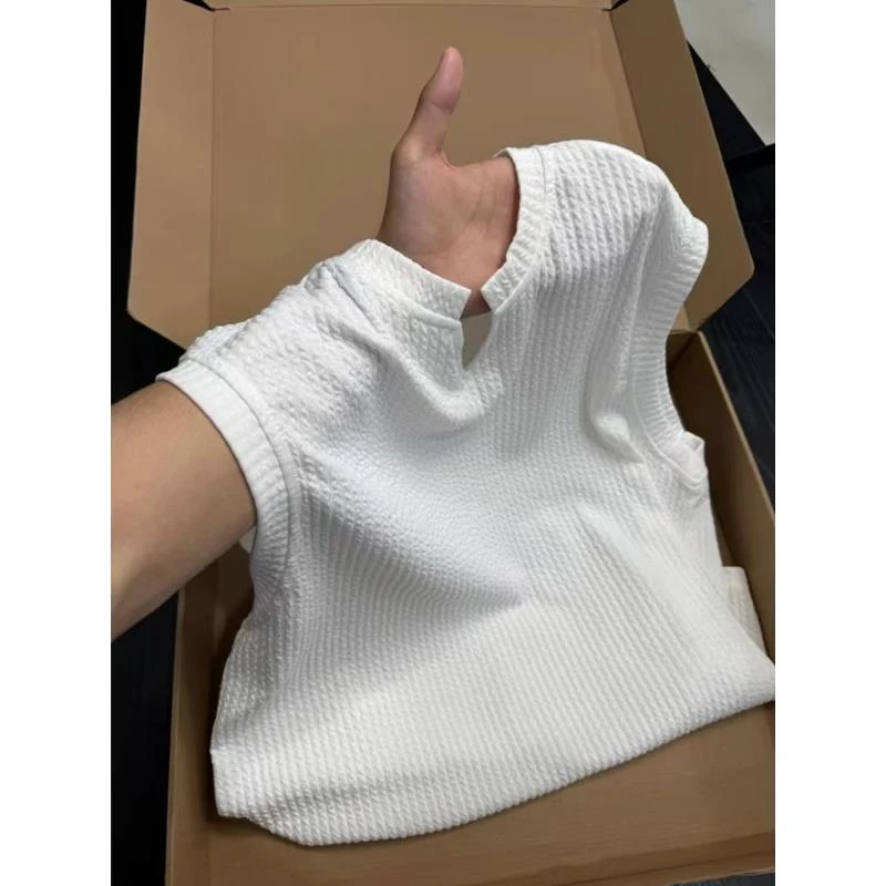 白色肌理感v领背心男夏季薄款美式小领口无袖t恤健身运动坎肩汗衫