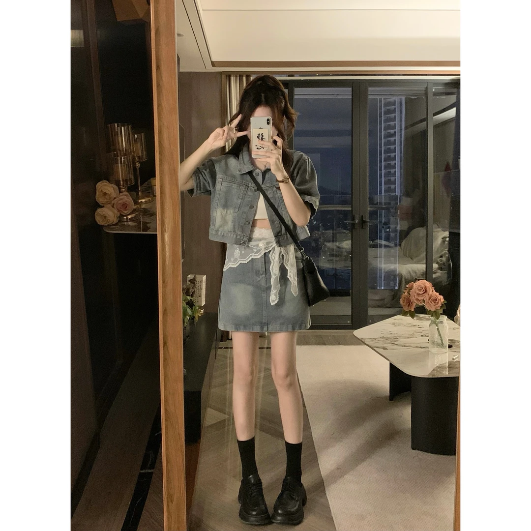 大码牛仔套装夏季港风短袖翻领外套+高腰半身短裙两件套小个子