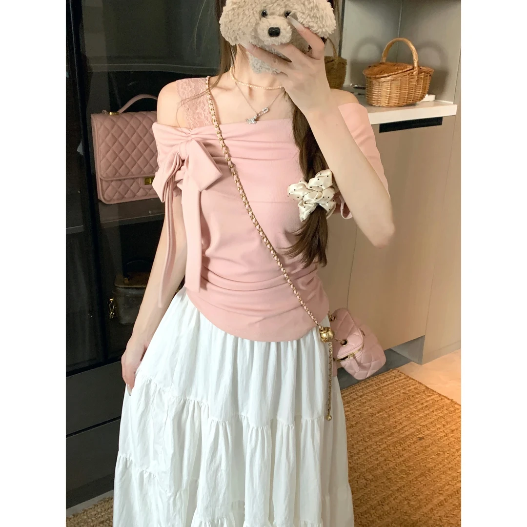 不规则绑带蝴蝶结一字肩纯欲T恤女夏季露肩短袖甜妹上衣女