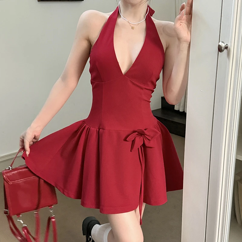 【星女郎】甜辣风辣妹气质绑带挂脖连衣裙约会通勤收腰显瘦A字短裙