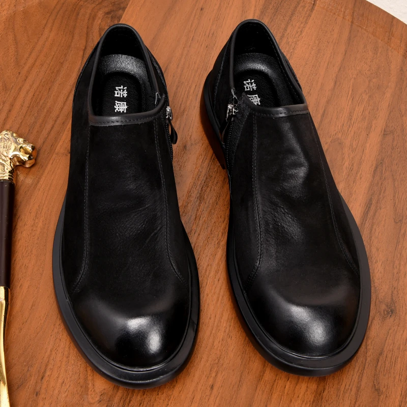 EAEOVNI黑色磨砂皮秋季新款休闲鞋男百搭皮鞋单层皮透气软皮