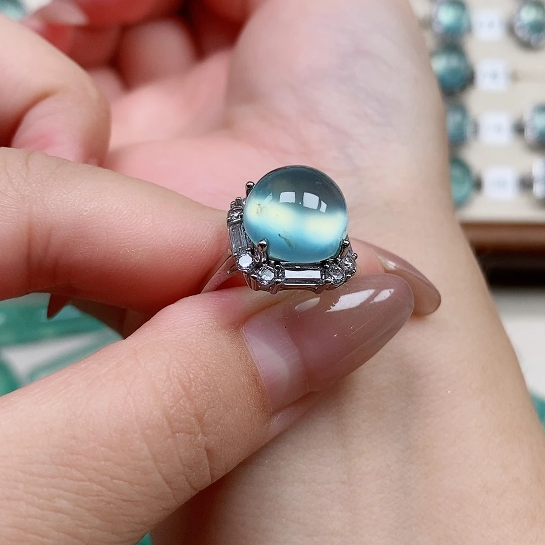 银S925镶嵌蛇纹石玉戒指苗**妈