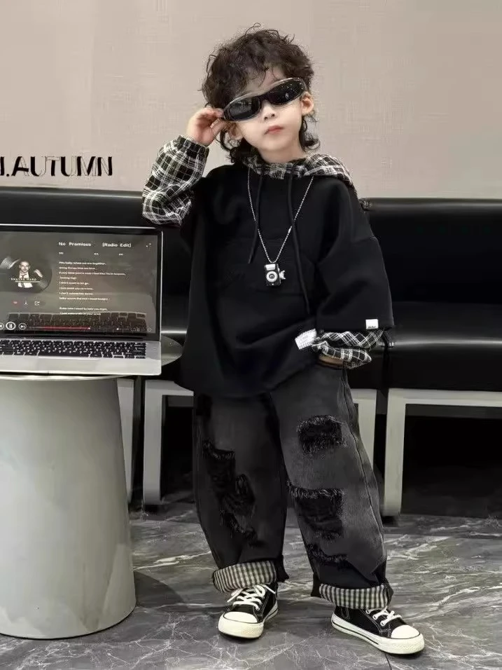 男童拼接卫衣套装2025秋季新款儿童韩版帅气格子连帽衫痞帅牛仔裤