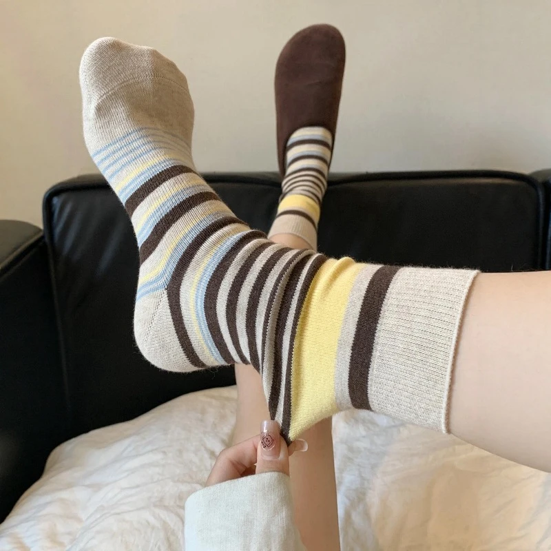 【卷边堆堆袜】多巴胺女秋季韩版ins风百搭复古拼色中筒袜洋气撞色