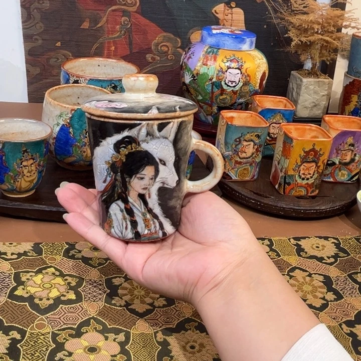 明**性手工手绘白狐少女杯杯