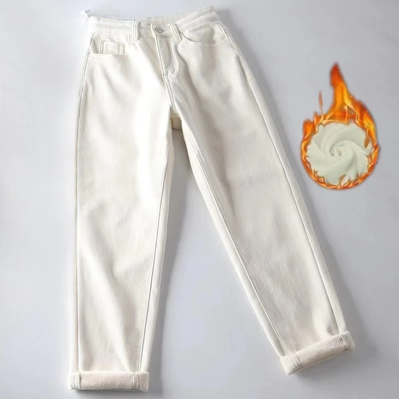 冬季加绒米白弹力牛仔高腰显瘦哈伦老爹裤女K906