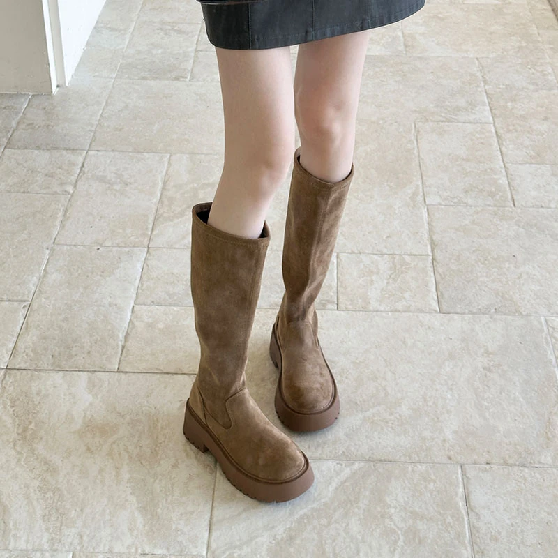 美拉德~骑士靴女高筒2025秋冬小个子厚底增高v口不过膝棕色长筒靴