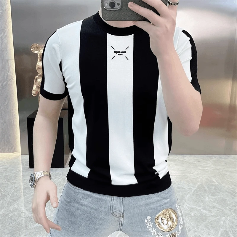 欧货轻奢高品质男士针织冰丝短袖T恤条纹时尚百搭夏季半袖上衣潮