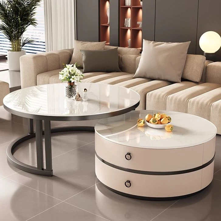 茶几客厅家用现代简约轻奢高端大气双层岩板可移动实木圆形小桌子