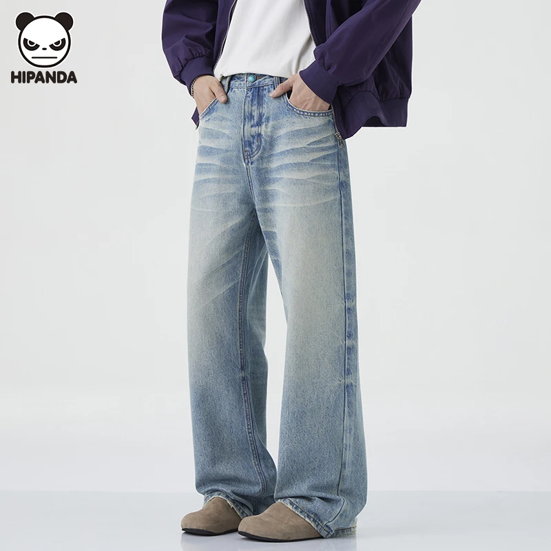 Hi Panda美式复古浅色牛仔裤男款春秋季新款直筒宽松垂感休闲裤子