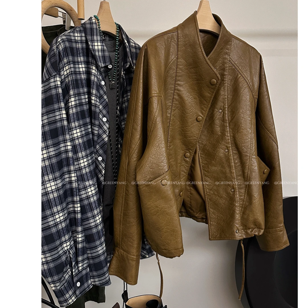 老羊家~秋冬美式复古宽松短款咖色机车皮衣外套女高级感夹克上衣