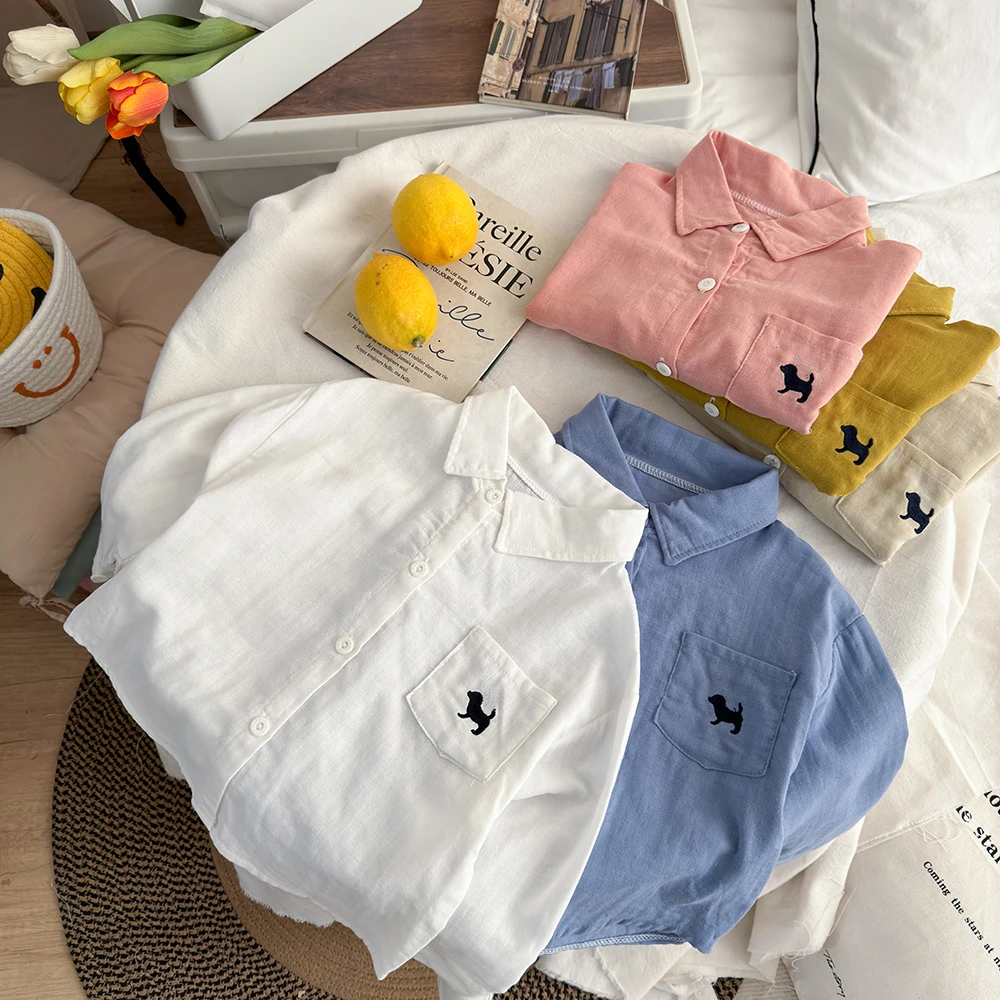 儿童长袖男童衬衫百搭纯色翻领春秋女童洋气纯棉宽松POLO衫上衣