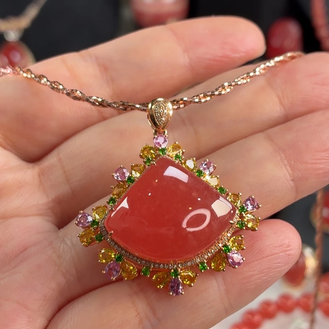 菱锰矿（红纹石）18K金镶嵌吊坠(不含链)