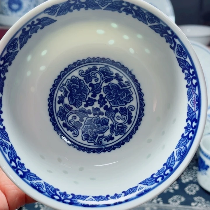 青花玲珑5寸饭碗牡丹花
