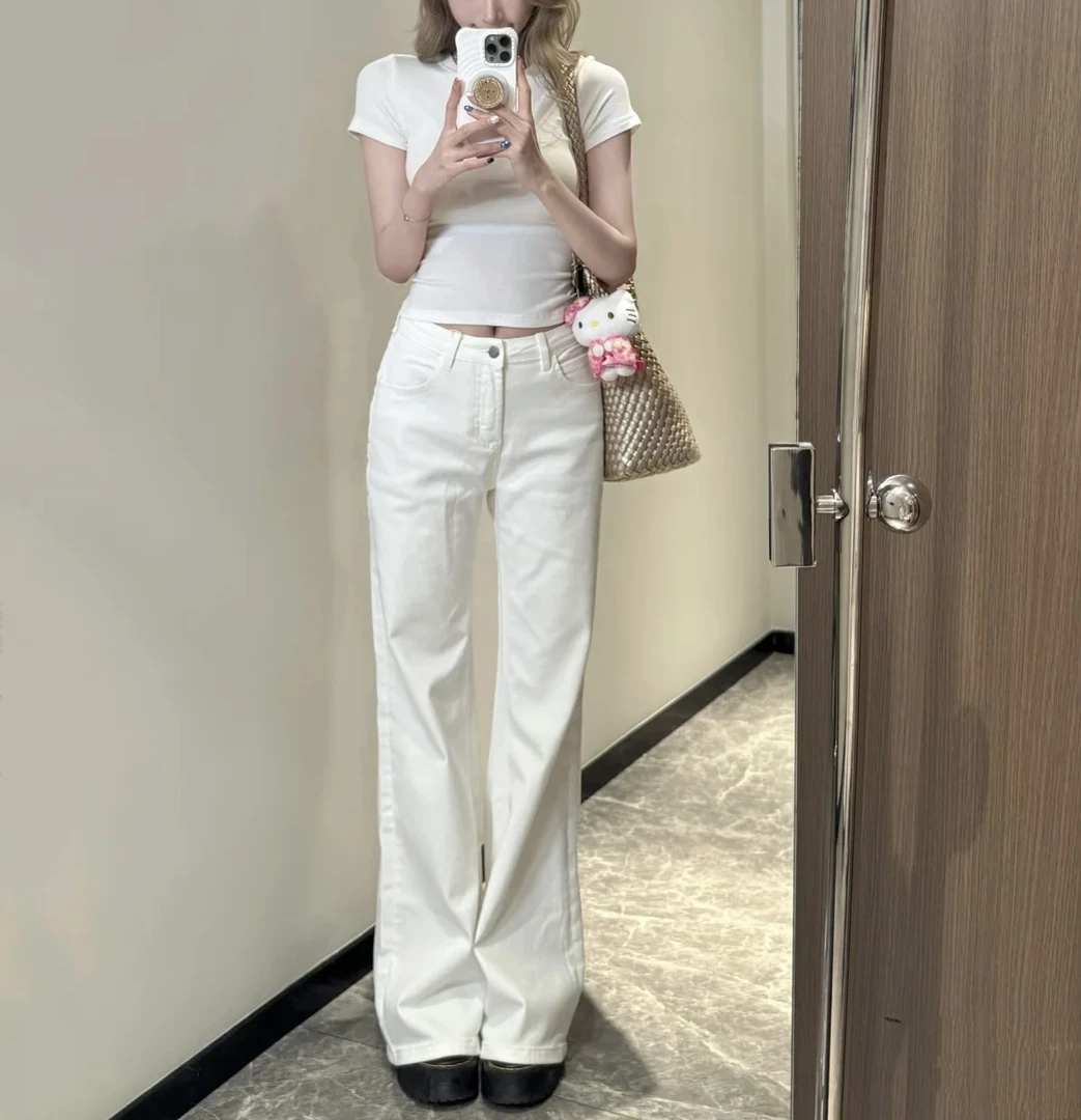 阔腿型 白色牛仔裤 直筒显瘦百搭牛仔裤