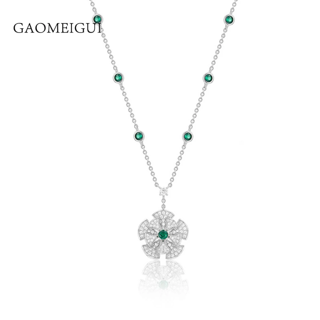 坠链均925银合成锆石 满钻祖绿花朵项链A1008扇子GAOMEIGUI