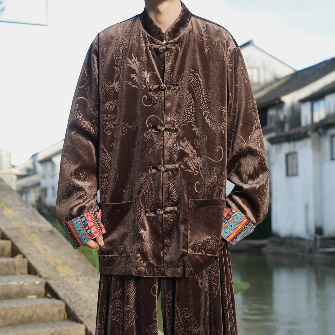 秋冬季金丝绒茶服外套中国风男装唐装复古龙纹提花宽松立领中山装