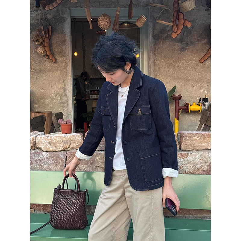 LANGQING 藏青色纯棉正肩牛仔秋装高级感休闲西装外套44061#