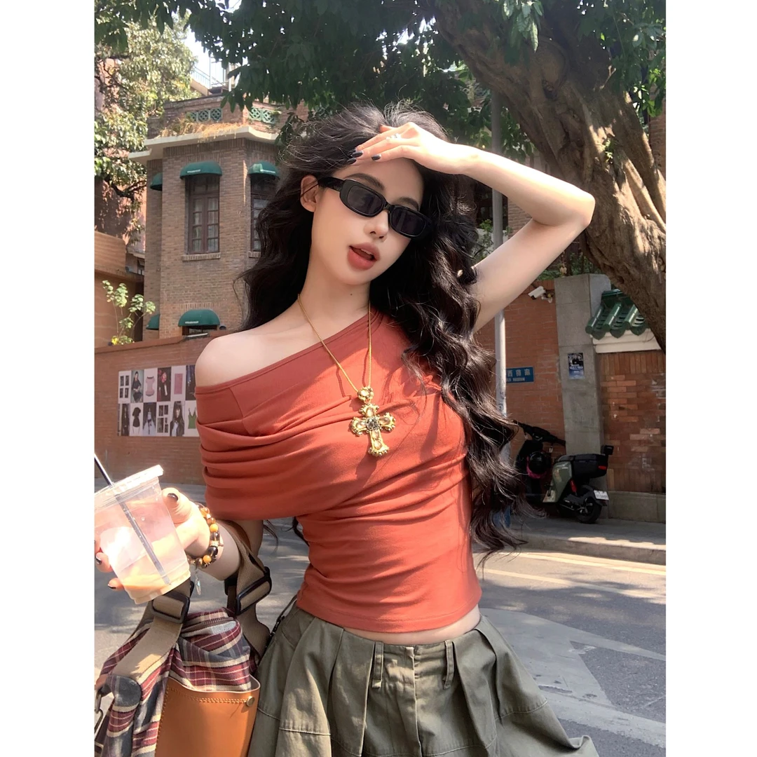 【618现货5折】夏季新款设计感高级感褶皱舒适斜肩T恤 90137