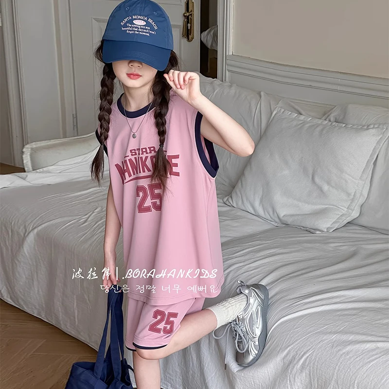 儿童薄款背心短裤两件套夏季2025女童无袖运动套装男童透气篮球服