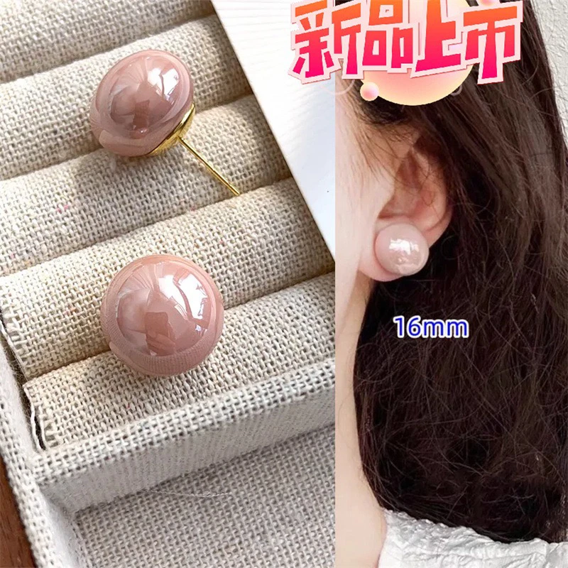 铜合金仿珍珠耳饰 经典法式粉色圆形豆豆耳钉馒头珠耳环简约百搭！