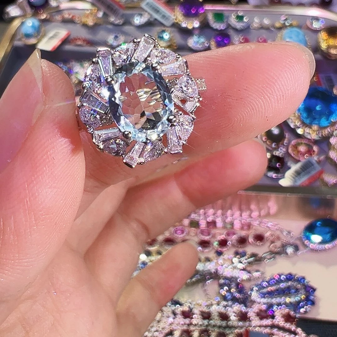 银S925镶嵌戒圈海蓝宝石