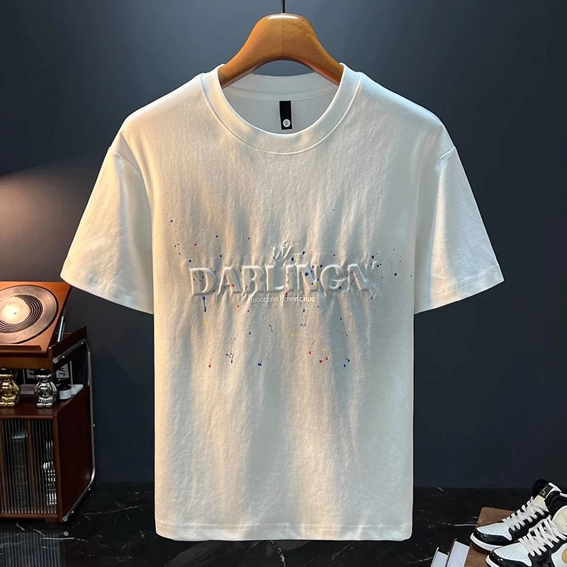 LEIGHZ/雷茨刺绣短袖t恤男士新款夏季美式潮流圆领宽松衣服上衣