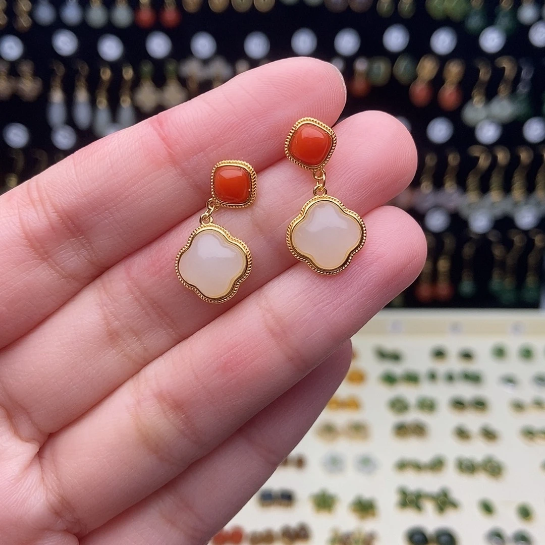 和田玉银S925镀金镶嵌耳饰