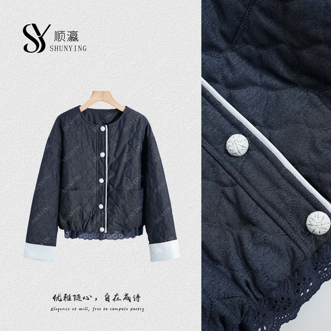 【仟娜】气质穿搭~时尚菱形格拼接拼接薄款棉服外套SY76MF71012