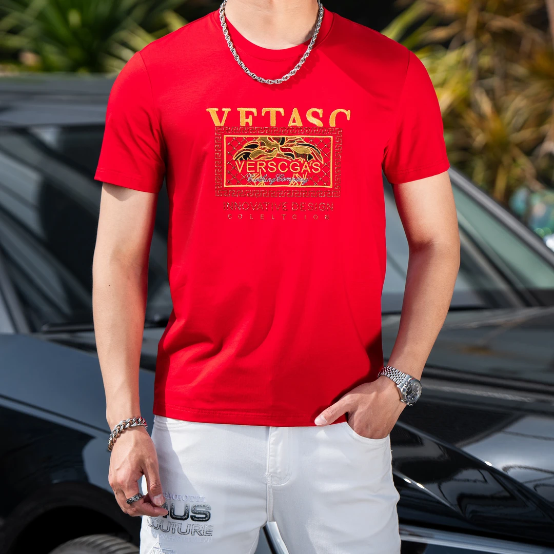 2025夏季新款轻奢潮流半袖男士丝光棉大码圆领T恤重工刺绣短袖