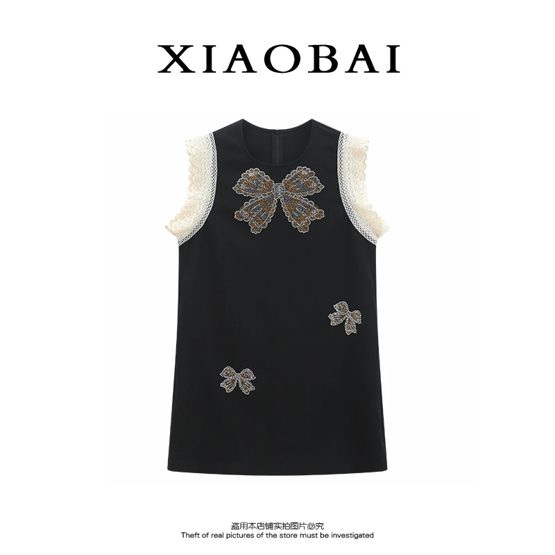 XIAOBAI 黑色清凉无袖连衣裙夏季蕾丝气质时尚圆领裙子松弛感女装