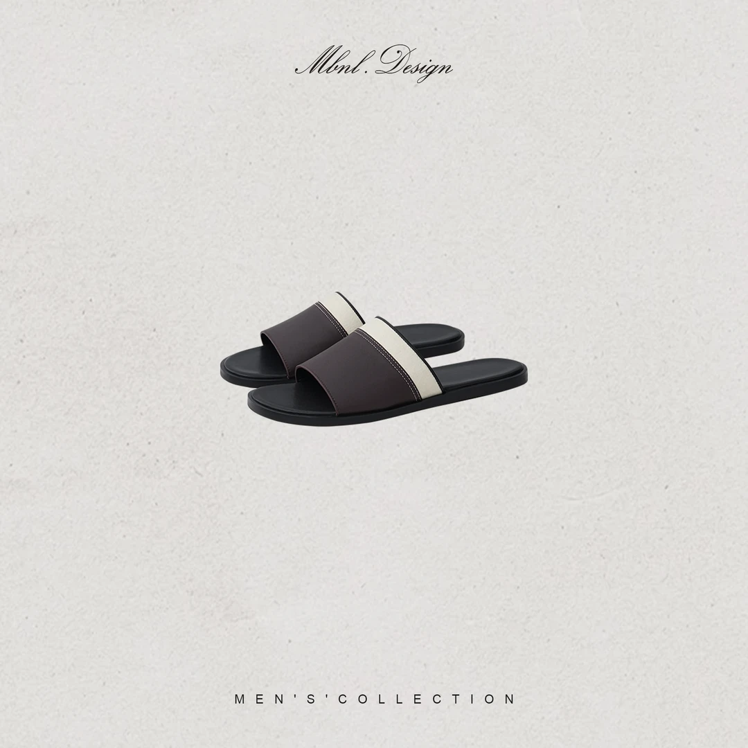 MBNL-F「质感拼接」秦磊男装撞色织带拼牛皮软底一字拖LL-WXZ9007
