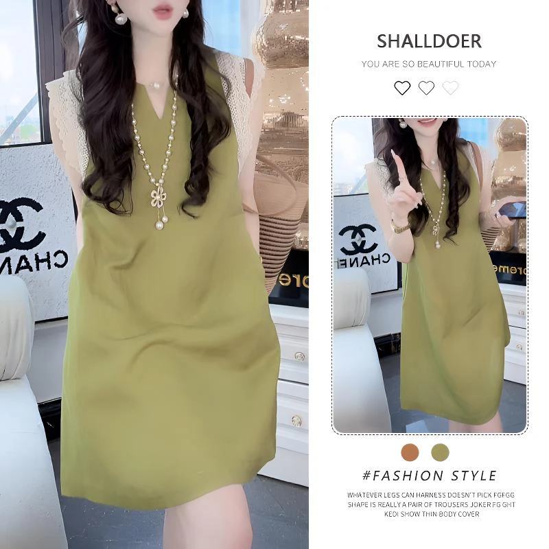 蕾丝拼接中长款连衣裙女生2025年夏季新款洋气时尚设计感显瘦裙子