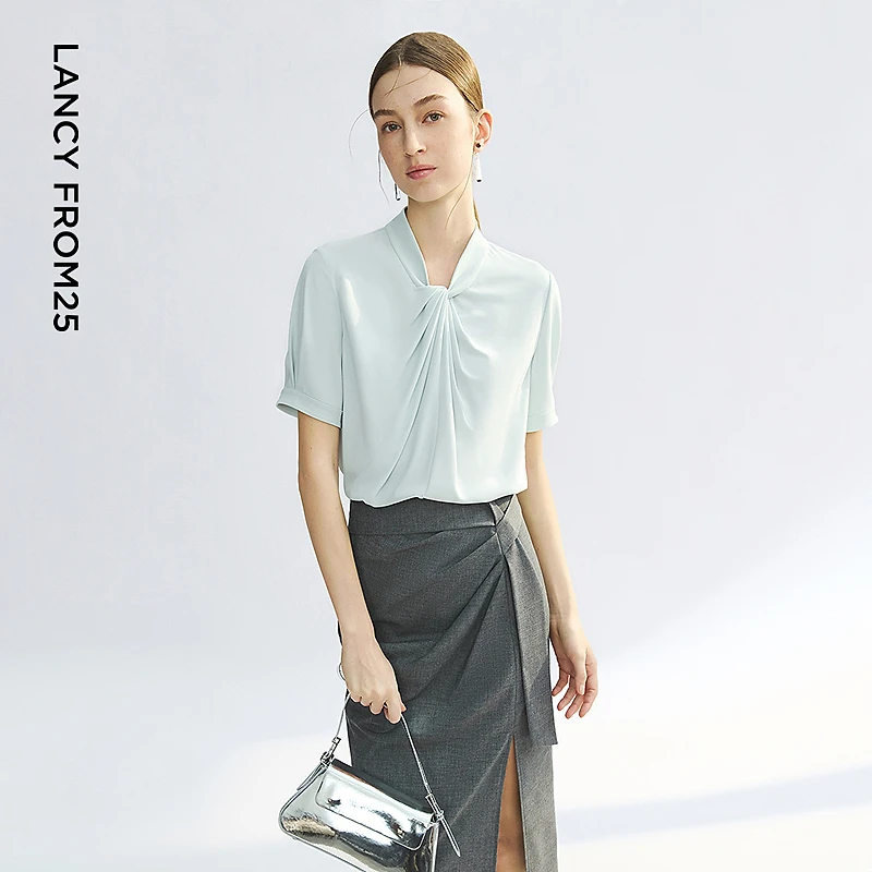 朗姿扭结v领短袖白色衬衫高级感气质百搭2025年夏季新款通勤上衣