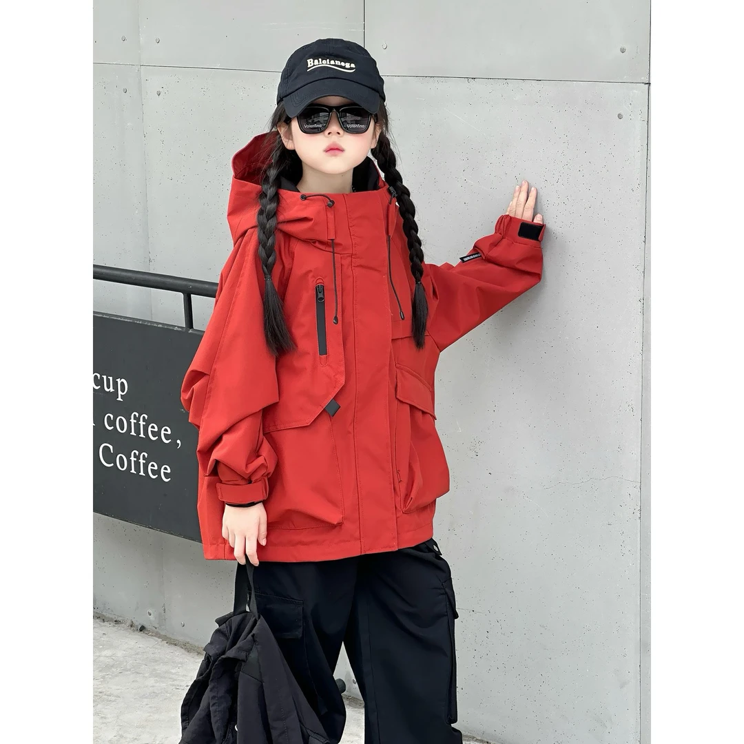 韩国童装冲锋衣外套户外夹克2025春秋新款男女童工装防风潮酷上衣