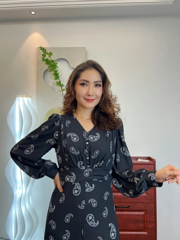 Aurza 新款巴旦木印花雪纺长裙夏季气质显瘦长袖复古连衣裙