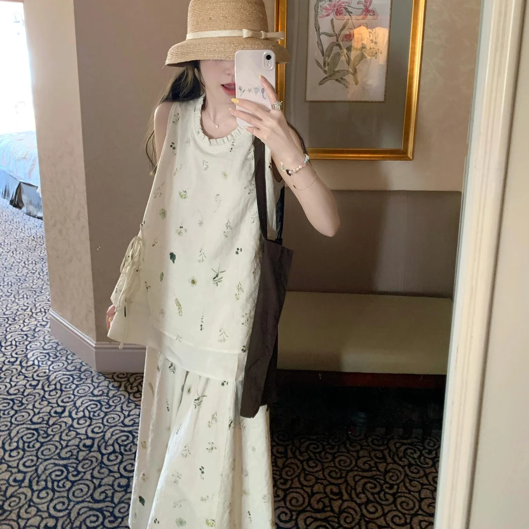 韩系穿搭气质时尚套装夏季新款宽松圆领背心上衣显瘦半身裙两件套