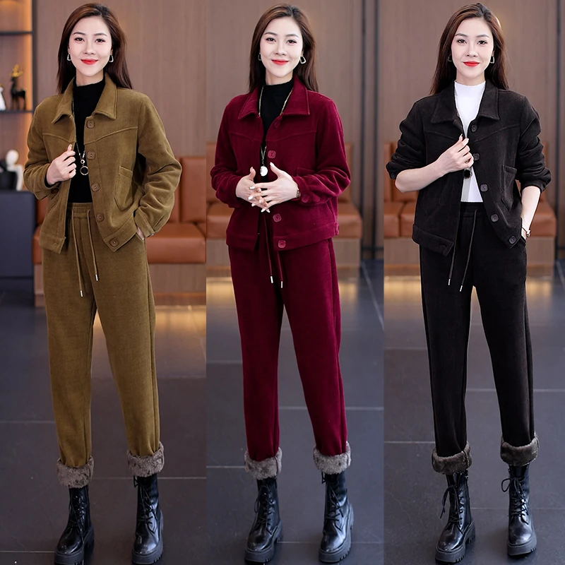 时尚加绒休闲套装女2025冬季新款韩版宽松保暖短外套长裤两件套潮