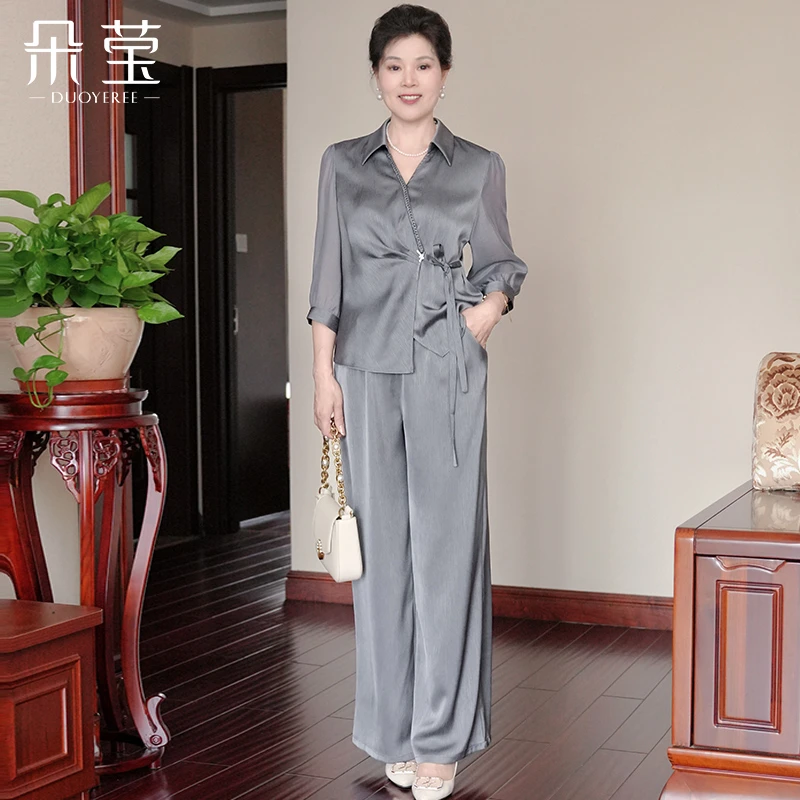 SL时尚气质款中年妈妈套装显瘦纯色夏新款V领纯色上衣阔腿裤A820