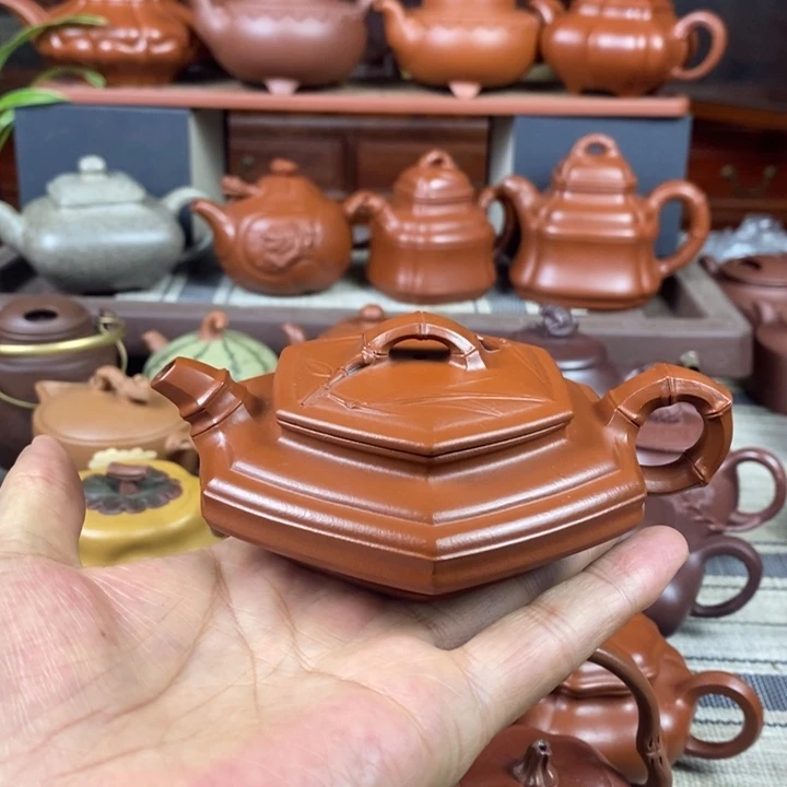 紫砂茶壶六方扁竹150cc原矿赵庄朱泥特价