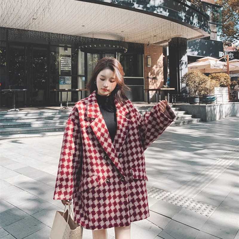 韩版宽松格子西装毛呢外套女加厚学生冬季新款小个子显瘦呢子大衣