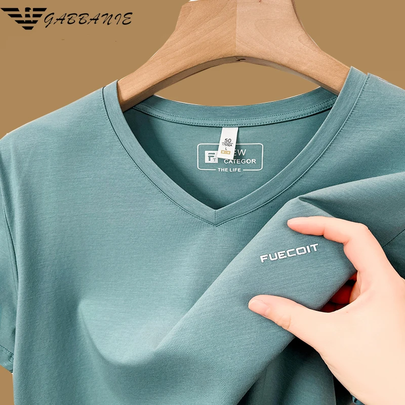 意大利品牌男士夏季丝光棉T恤短袖V领时尚休闲冰丝速干百搭半袖男