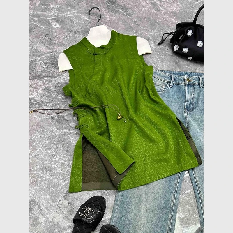 新中式无袖衬衫女夏季中长款国风上衣斜襟盘扣改良唐装小衫潮