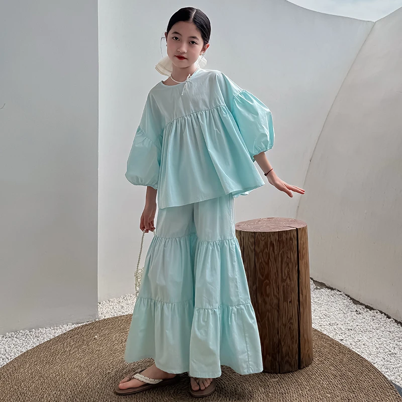 【薄荷曼波】女童套装2025新夏装洋气娃娃衫中大童百搭休闲裤两件套