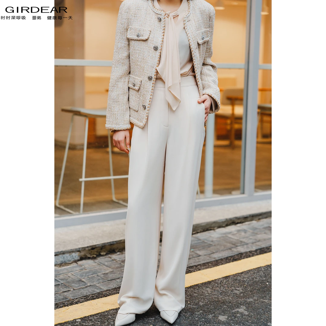 GIRDEAR/哥弟新款气质百搭显瘦垂感窄版休闲高腰阔腿裤女 1100235